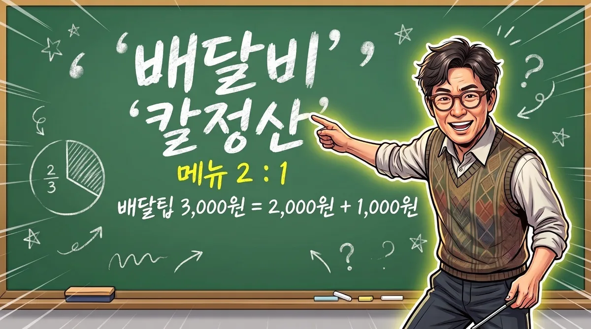 칠판 앞에서 메뉴 비율 2:1로 배달팁 3,000원을 2,000원과 1,000원으로 나누는 방법을 설명하는 선생님