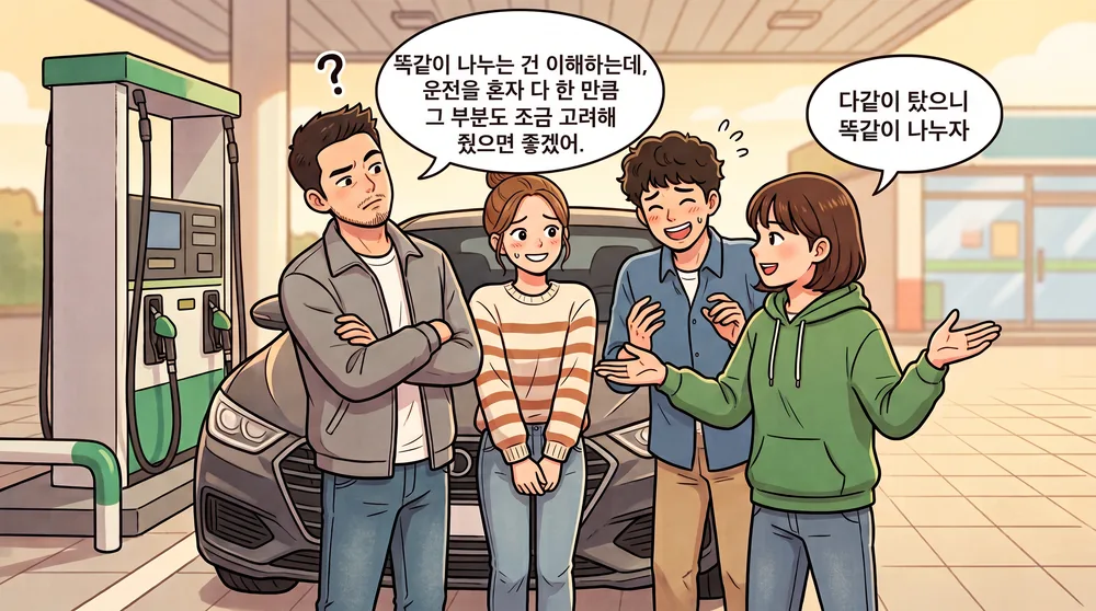 주유소 주유기 옆 승용차 앞에서 친구 네 명이 주유비 분담을 이야기하는 만화 일러스트. 팔짱을 낀 한 명은 운전을 혼자 다 한 만큼 그 부분도 조금 고려해 줬으면 좋겠다고 말하고, 초록 후드를 입은 한 명은 다 같이 탔으니 똑같이 나누자고 말한다. 나머지 두 명은 난감해하며 웃고 있다.