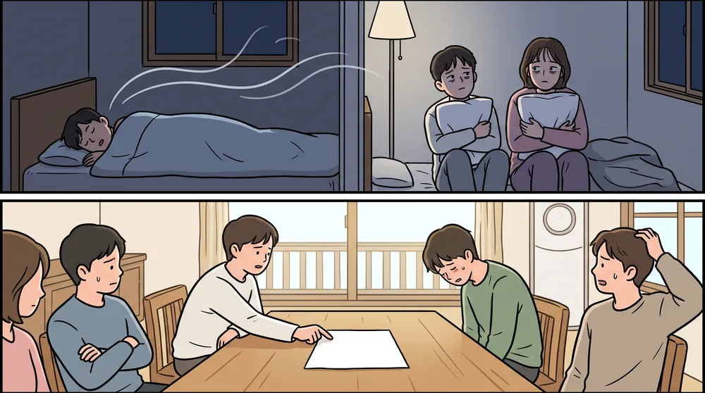위아래 두 장면의 만화 일러스트. 위쪽은 밤의 펜션으로, 한 방에서 한 사람이 자고 있고 소리를 나타내는 곡선이 옆방으로 퍼지며, 옆방에서는 두 사람이 베개를 안고 지친 얼굴로 앉아 있다. 아래쪽은 다음 날 아침 거실로, 테이블 가운데 놓인 빈 종이를 한 사람이 가리키고 나머지는 팔짱을 끼거나 고개를 숙이거나 머리를 긁적이며 난처해하고 있다.